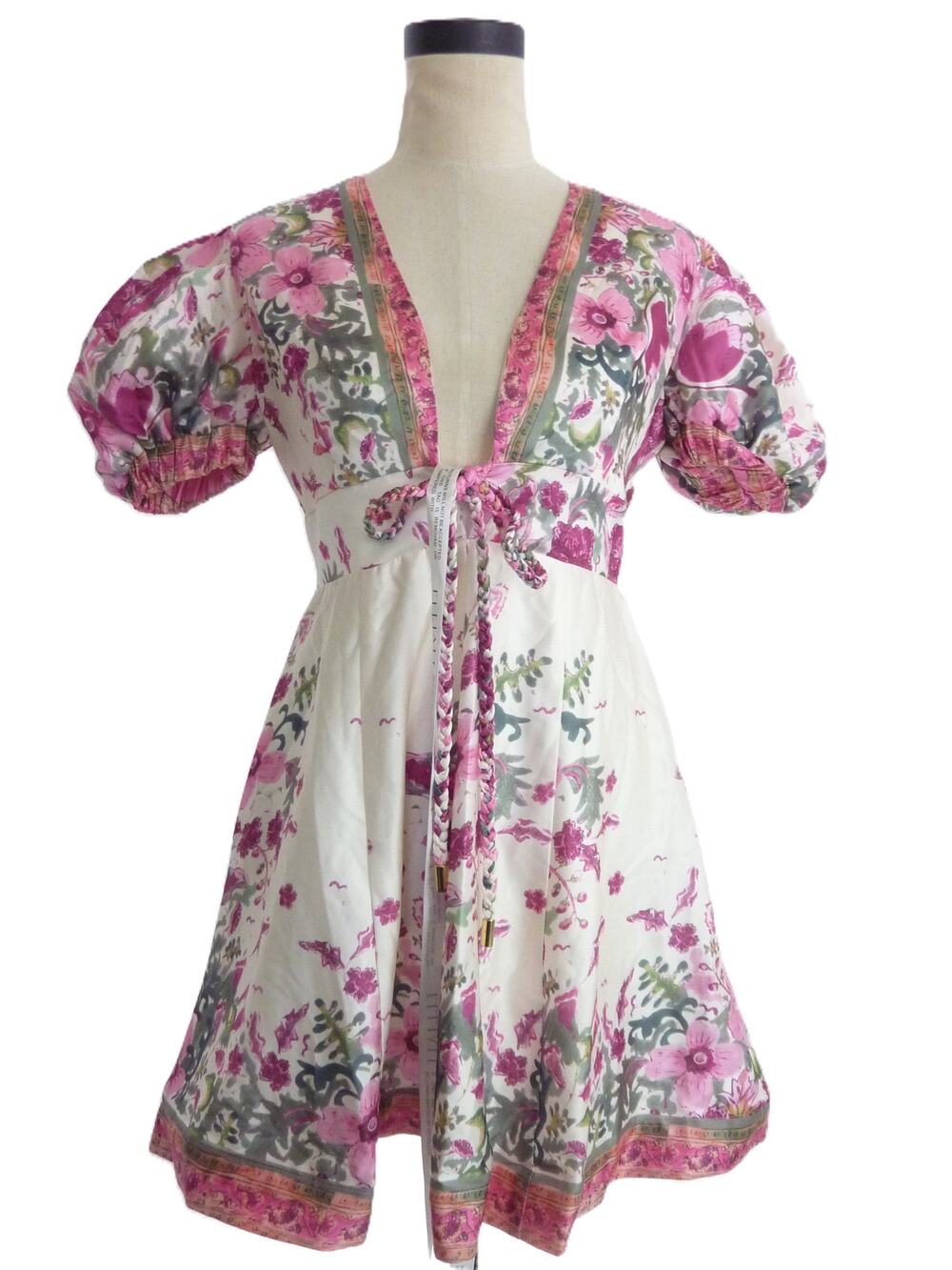 NWT Elliatt Equator Dress White Pink Floral Spring Tie Puff Sleeve Mini Dress S